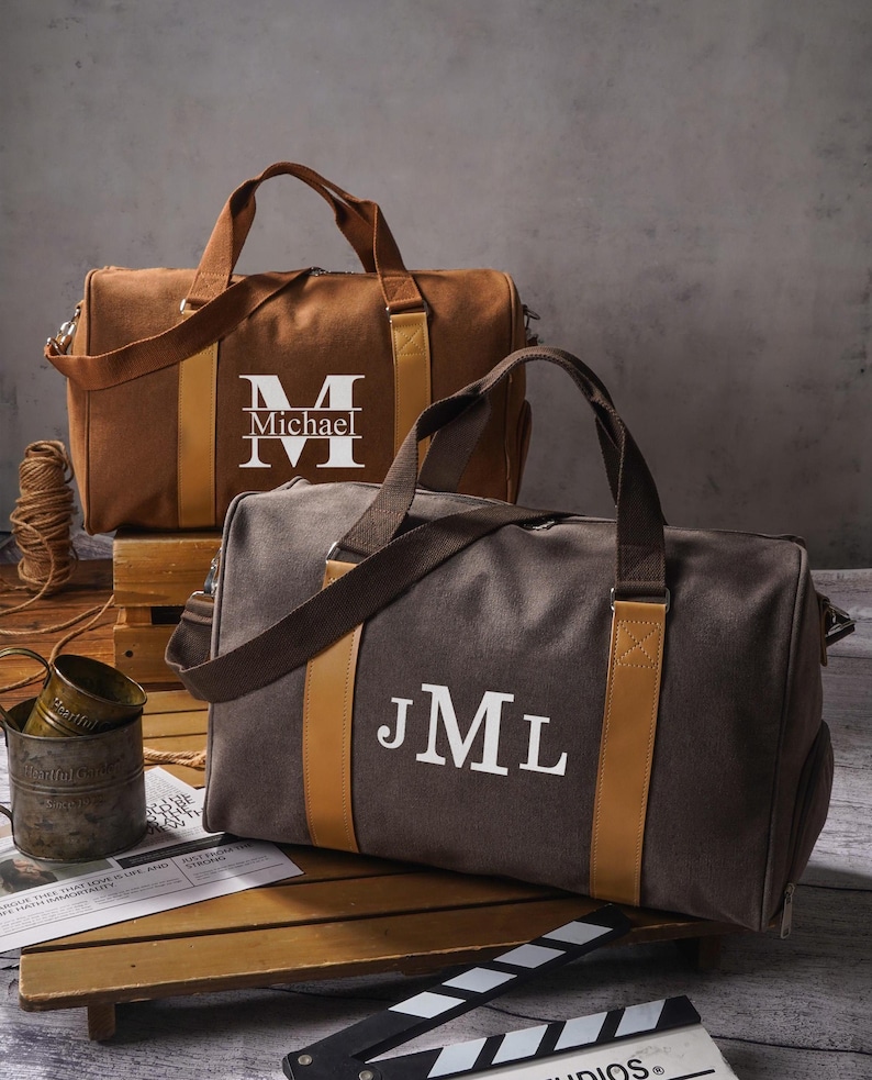 Personalized Canvas Duffle Bag, Custom Monogram Gym Bag, Mens Weekend Travel Bag, Groomsmen Gifts image 4