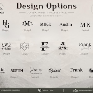 May include: A digital display of sixteen black text design options for personalization, labeled Design 1 through Design 16. The background features a faint mountain landscape with the text "Design Options," "Built for Adventure," and "Outdoor."