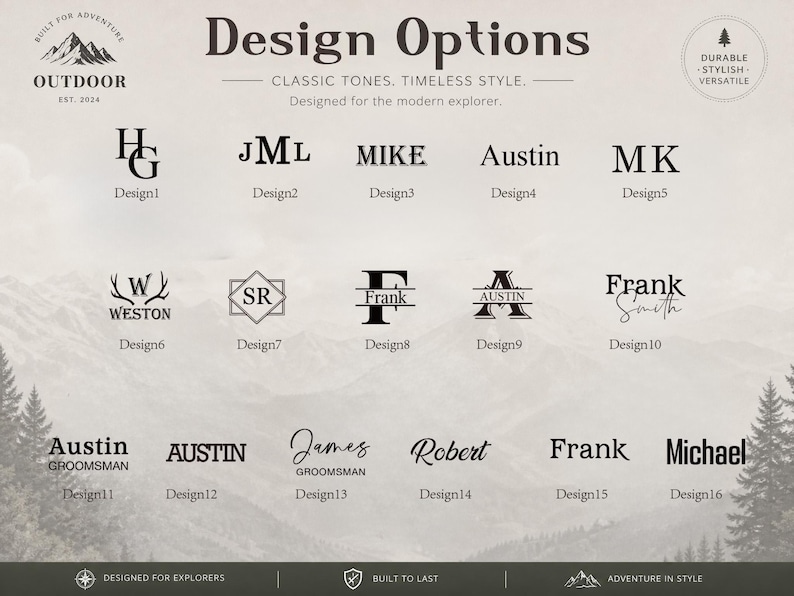 May include: A digital display of sixteen black text design options for personalization, labeled Design 1 through Design 16. The background features a faint mountain landscape with the text "Design Options," "Built for Adventure," and "Outdoor."