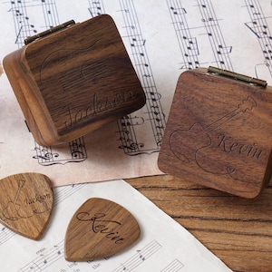 Personalized Wooden Guitar Picks Box, Custom Guitar Pick Holder Storage, Wood Guitar Pick Organizer Case, Music Gift for Guitarist Musician