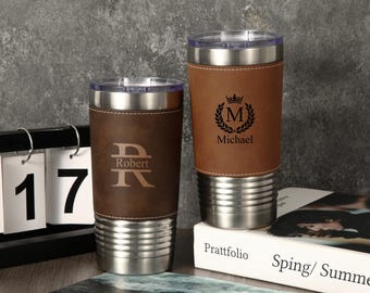Personalized Groomsmen Tumblers,Engraved Leather Tumblers,Custom Insulated Travel Mug,Best Man Gift,Groomsman Gift,Valentine's Gift