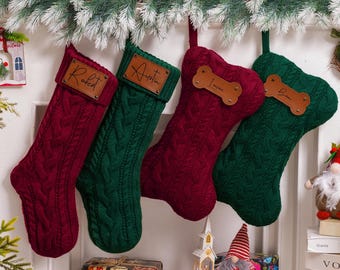Medias navideñas familiares personalizadas, medias con parche de cuero grabado 2025, medias tejidas para las fiestas, regalo de Navidad, decoración navideña