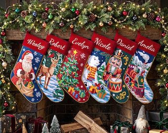 Personalized Needlepoint Stocking, Embroidered Name Family Stockings, Vintage Christmas Gifts, Holiday Decor