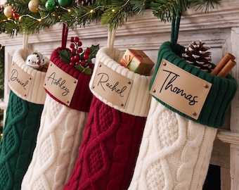 Personalized Knitted Christmas Stockings, Engraved Leather Patch Christmas Stockings, 2026 Family Stockings, Holiday Decor