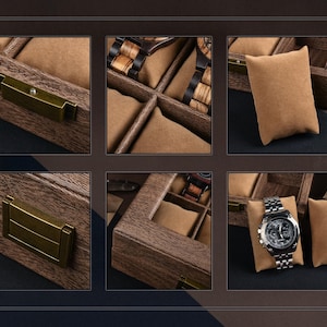 May include: A wooden watch box with multiple compartments, each lined with a tan cushion. The box has a dark brown finish and a brass-colored handle. Several watches are displayed, including a silver wristwatch.