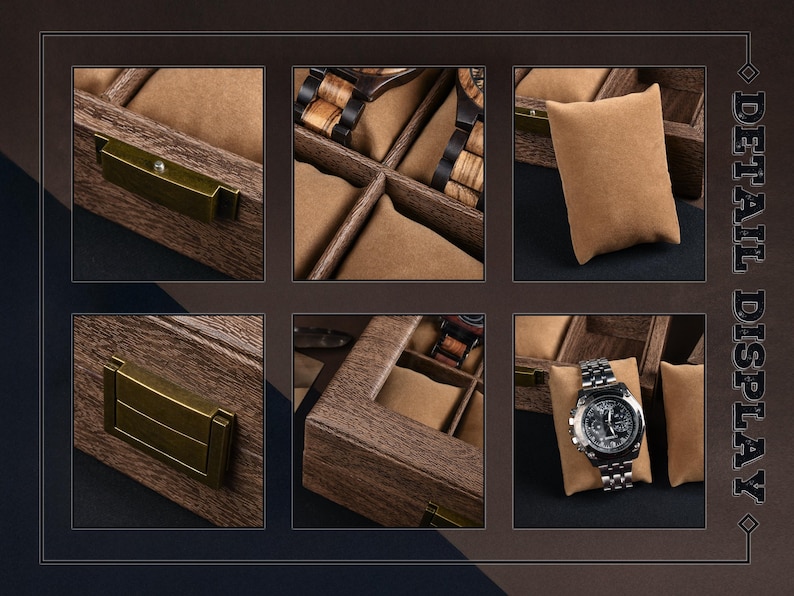 May include: A wooden watch box with multiple compartments, each lined with a tan cushion. The box has a dark brown finish and a brass-colored handle. Several watches are displayed, including a silver wristwatch.
