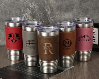 Personalized Groomsmen Tumblers,Engraved Leather Tumblers,20oz Insulated Mug,Wedding Party Gift,Groomsman Gift,Father’s Day Gift