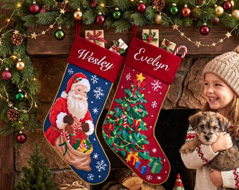 Embroidered Needlepoint Stocking, Personalized Name Family Stockings, Christmas Gifts, Holiday Decor