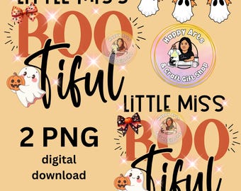 Little Miss BOOtiful PNG Bundle | Cute Halloween Ghost with Bow | 2 Digital Download Files for Girls
