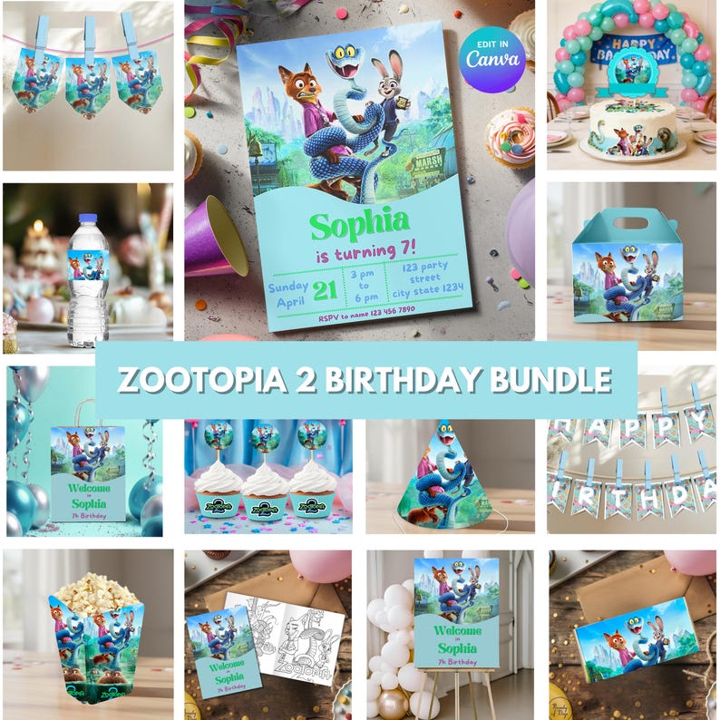 Op de afbeelding: Een Zootopia 2 verjaardagsfeestpakket met uitnodigingen, cupcake toppers, een taart, feestartikelen en decoraties. De uitnodiging luidt "Sophia wordt 7!" met evenementdetails. De decoraties omvatten een banner en ballonnen.