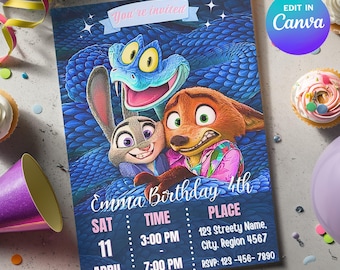 Zootopia 2 verjaardagskaart, Zootopia feestuitnodiging, kinderverjaardagskaart, feestuitnodiging met dierenthema, Canva-sjabloon