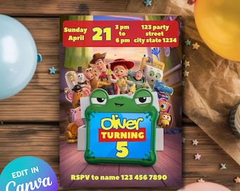 Bewerkbare Toy Story verjaardagskaart, Toy Story 5 feestuitnodiging sjabloon, Toy Story uitnodiging, thema voor een jongensverjaardag.