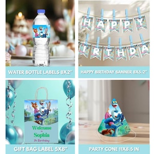 Op de afbeelding: Een verzameling feestartikelen met een waterfles met een cartoonlabel, een "Happy Birthday"-banner, een cadeauzaklabel en een feesthoed. De waterfleslabels zijn 20,3x5,1 cm, de banner is 20,3x13,2 cm, het cadeauzaklabel is 12,7x20,3 cm en de feesthoed is 27,9x21,6 cm.