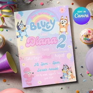 Convite de aniversário Bluey editável para meninas no Canva, download digital de convite para festa Bluey, convite Bluey para meninas para imprimir.