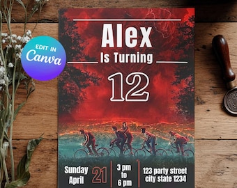 Verjaardagskaart met Stranger Things-thema, printbare verjaardagskaart voor jongens en meisjes, sjabloon voor een Eleven-uitnodiging.