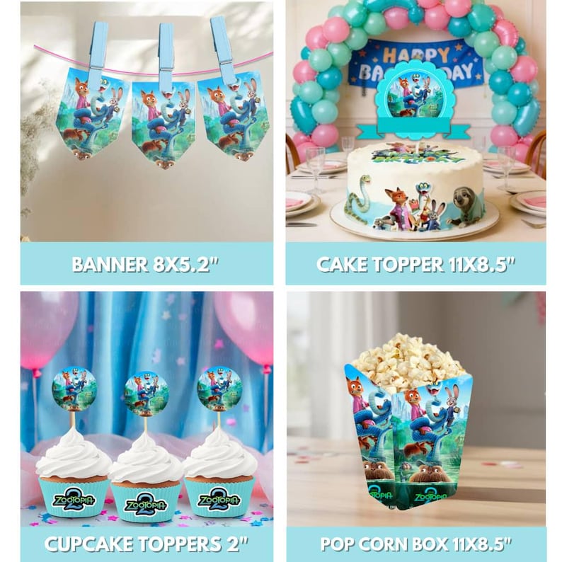 Op de afbeelding: Een verzameling Zootopia-themafeestartikelen, waaronder een banner, taarttopper, cupcake toppers en een popcornbox. De banner is 20.3x13.2 cm, de taarttopper is 27.9x21.6 cm, de cupcake toppers zijn 5.1 cm en de popcornbox is 27.9x21.6 cm.