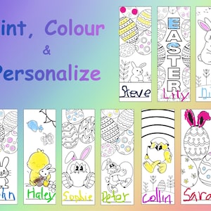 Puede incluir: Un conjunto de marcadores imprimibles con temática de Pascua, con ilustraciones de huevos de Pascua, conejos y pollitos. Cada marcador incluye un espacio para personalizar. El texto "Print, Colour & Personalize" se muestra en la parte superior.