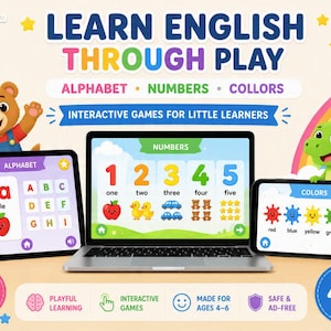 May include: A digital learning set featuring a laptop, tablet, and smartphone displaying educational content. The screens show alphabet, numbers, and colours with cartoon characters like a bear and dinosaur. Text includes LEARN ENGLISH THROUGH PLAY.