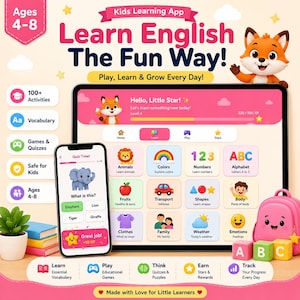 May include: A digital learning app for children aged 4-8, displayed on a tablet and smartphone. The interface is pink and white, with a cartoon fox and icons for vocabulary, games, and quizzes. The app is designed to teach English.