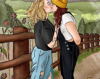 May include: Digital illustration of two people kissing on a path. One person wears a black top and ripped blue jeans, the other wears a white top, black overalls, and a yellow beanie. The background features a wooden fence, flowers, and a mountain landscape.