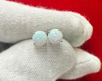 Round Cut Opal Stud Earrings in 14K Solid Gold, Prong Set Opal Studs, 14K Solid Gold, Screw back, Opal Earrings, Dainty Stud Earrings