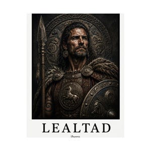May include: A poster featuring a dark-toned illustration of a warrior with long hair, wearing ornate armor with horse motifs, holding a spear, and carrying a round shield. The word LEALTAD is printed in large black capital letters at the bottom.