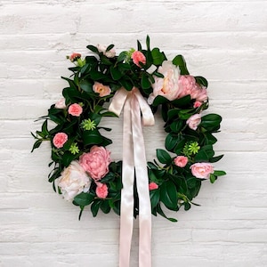 Pink Spring and Summer Floral Wreath for Front Door, Spring Flower Garden Wreath, Front Porch Decor, Wreath with bow, Gift, Mother&#39;s Day