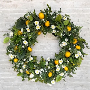 Zitronen und Gänseblümchen Kranz für Haustür, Küchendekor, Frühling und Sommer gelber Kranz, Bauernkranz, Zitronendekor, Verandadekoration, Geschenk