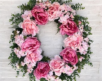 Pink Cottage Style Spring Wreath, Elegant Summer Wreath For Front Door, Romantic Modern Home Decor, Mother's Day or Housewarming Gift