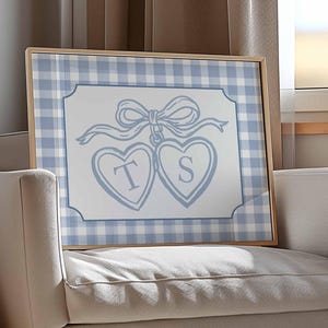 Heart Locket print, Custom Couples Initial, Newlywed gift, Couple Bedroom Wall Decor, Trendy Gingham Poster, Anniversary Gift, Lovers Art