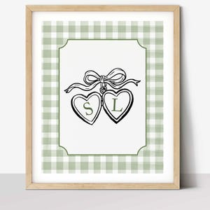 Heart Locket print, Custom Couples Initial, Newlywed gift, Couple Bedroom Wall Decor, Trendy Gingham Poster, Anniversary Gift, Lovers Art