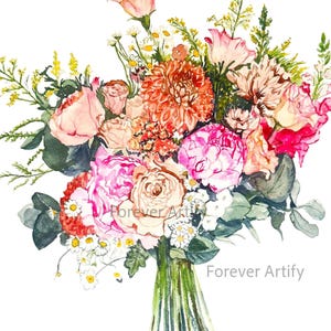 Custom Wedding Bouquet painting, Watercolor flowers gift, First Anniversary, Wife Bridal Bouquet Preserved, Personalized Wedding Keepsake