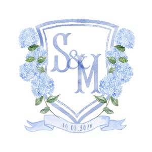 May include: A watercolour illustration of a light blue shield featuring the letters S&M in the centre. The shield is flanked by clusters of blue hydrangea flowers with green leaves. A light blue ribbon at the bottom displays the date 10.03.2026.