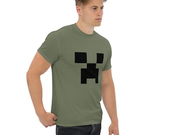 Minecroft Creeper Face Unisex T-shirt. Military Green, White, Red. Note: This is not an official product.