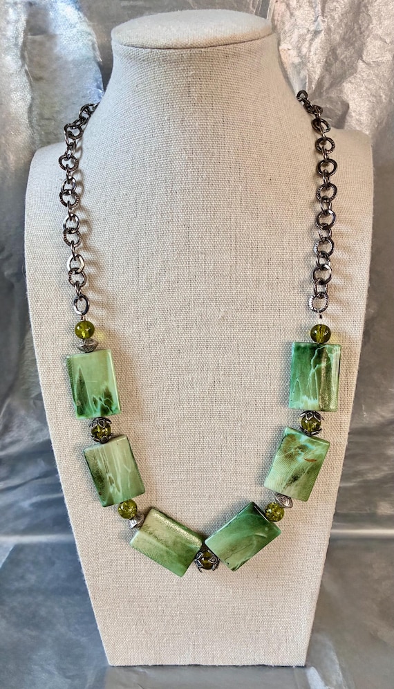 Silver Tone and Rectangular Green Marbled Lucite … - image 1