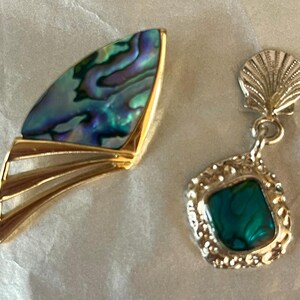 May include: Two pieces of jewelry: a gold-toned brooch with an abalone shell design and a gold-toned earring with a shell-shaped top and a square abalone shell pendant. The abalone shells have iridescent blue, green, and purple hues.