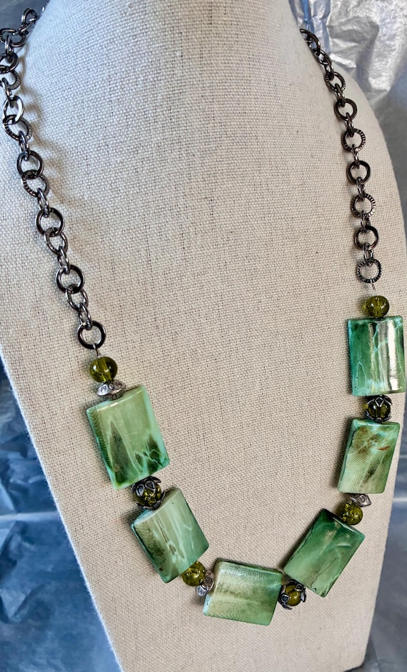 Silver Tone and Rectangular Green Marbled Lucite … - image 2