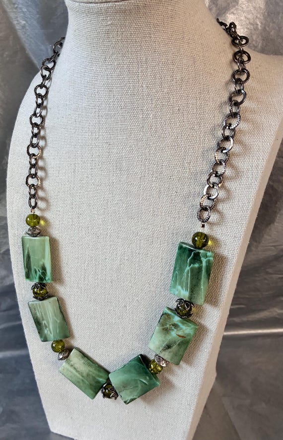 Silver Tone and Rectangular Green Marbled Lucite … - image 3