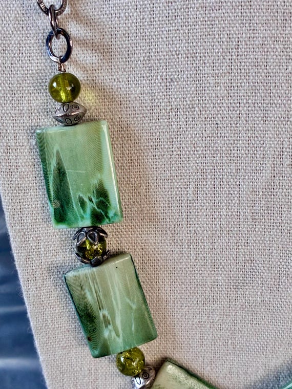 Silver Tone and Rectangular Green Marbled Lucite … - image 4