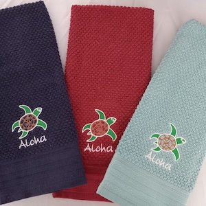 Turtle embroidered tea towel, honu towel, hopper&#39;s art towels, big island hawaii tea towels
