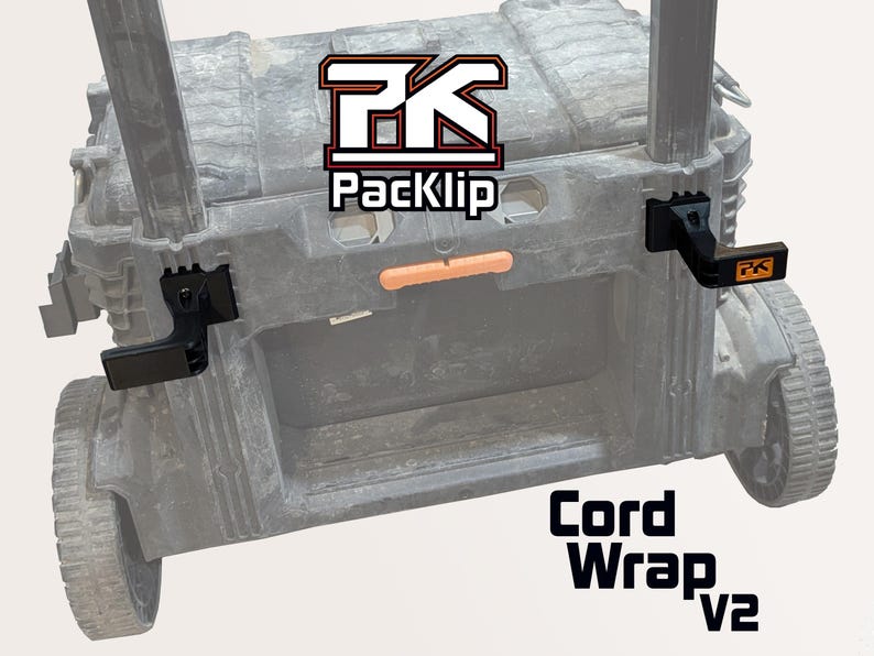 May include: A gray rolling toolbox with black cord wrap clips. The clips have the Packlip logo and the text "Cord Wrap v2". The toolbox has an orange handle and black wheels.