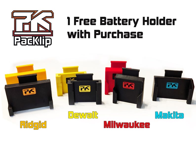 May include: Five different coloured battery holders for power tools. The holders are black with a yellow, red, or blue accent. The text "Packlip" is in the top left corner of the image. The text "1 Free Battery Holder with Purchase" is in the top right corner of the image. The text "Ridgid", "Dewalt", "Milwaukee", "Makita" is below each holder.