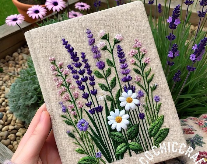 Custom Hand Embroidered Fabric Notebook - Personalized Journal with Daisy, Reedgrass, Wildflowers, Lavender | Handmade Hardcover Diary Gift
