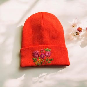 Handmade Floral Embroidered Beanie - Custom Color Daisy Rose Sunflower Wildflower Wool Headwear, Christmas gift, Boho Women Winter Hat image 11