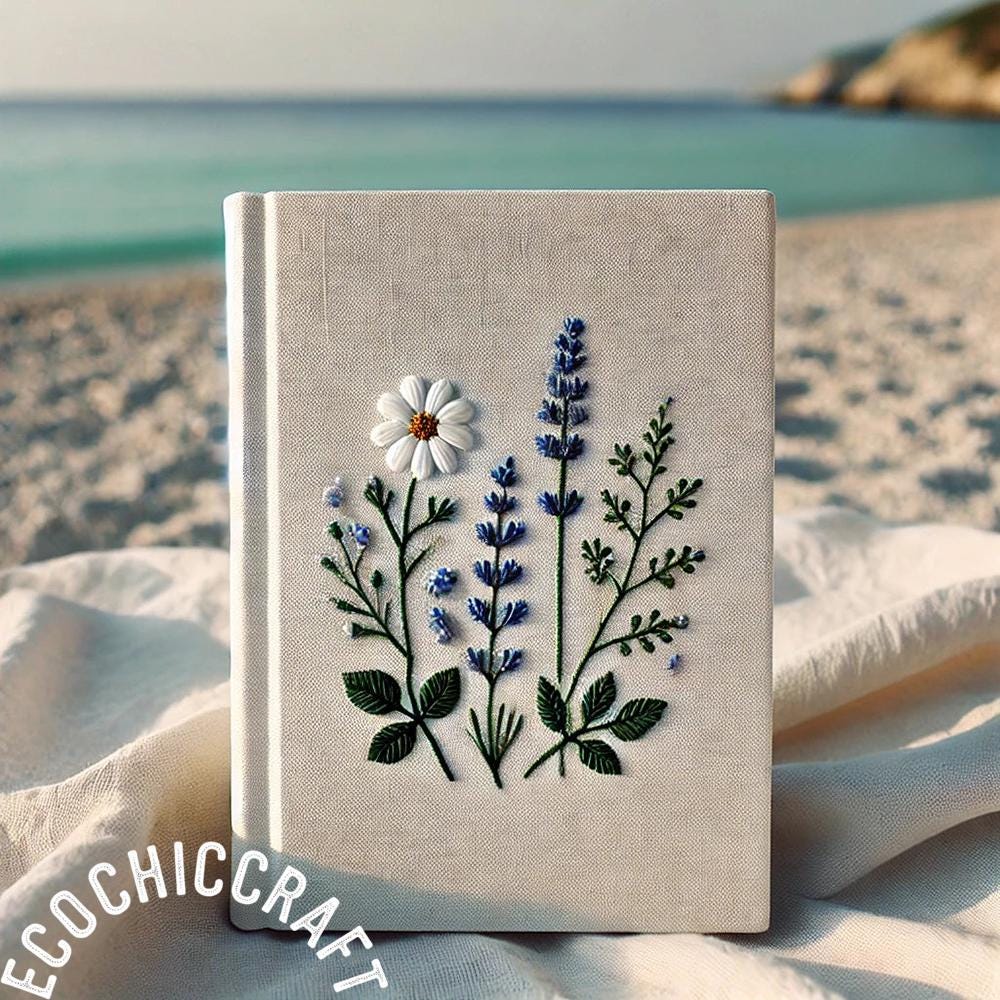 Beige - Yoga Hand Embroidered Fabric Cover Handmade Paper Journal / Diary (9 x 6 in) 01