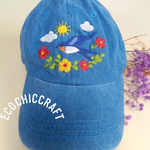 Swallow Bird and Sun Embroidered Baseball Cap, Hand Stitched Bird Hat, Custom Aesthetic Cap, Cute Summer Hat, Gift for Her, Vintage Sun Hat