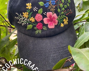 Personalized Name Hand Embroidered Baseball Cap, Bunch Floral Blossoms and Rose Embroidered Hat, Vintage Hat For Woman, Wash Cotton Hat