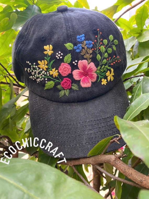 Personalized Name Hand Embroidered Baseball Cap, Bunch Floral Blossoms and Rose Embroidered Hat, Vintage Hat For Woman, Wash Cotton Hat