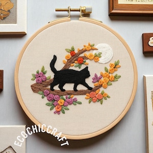 Cat Embroidery Hoop Art – Hand Embroidered Wall Decor, Modern Cat Lover Gift, Plant Lover Art, Cute Home Decor, Cat Hoop Art, Cat and Flower