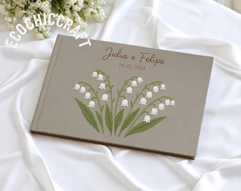 Lily of the Valley Hand Embroidered Notebook, Personalized Linen Journal, Wedding Guest Book, Memory Scrapbook, A5 Custom Sketchbook